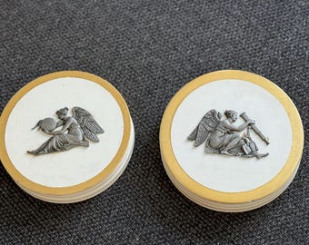 Pair of Vintage round wall medallion plaque with tin/metal relief greek mythology goddesses for literature science arts design 6.75"x1.5"