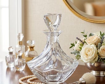 Vintage Lalique France Aberdeen Crystal Decanter Geometric Swirl Ribbed Spirits Carafe Signed Luxury French Barware Matching Stopper 9.5"