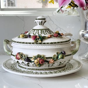 1970s Vintage French or Italian porcelain soup tureen bowl with under plate & ladle  + vegetables fruit decor 13&quot;x11&quot;