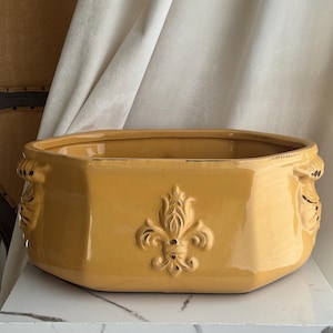 May include: Mustard yellow ceramic planter with a fleur-de-lis emblem on the front. The rectangular planter has a slightly distressed finish and decorative handles on each side. The planter is suitable for indoor or outdoor use.
