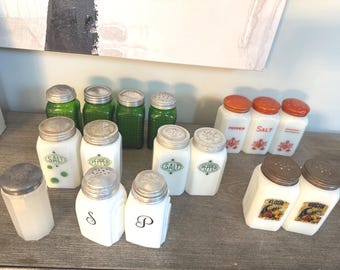 Pick Mckee Milk / Owens Illinois Green Depression Glass Waffle Salt & Pepper or Hazel Atlas Flour Sugar Antique JHK Clambroth Powder Shaker
