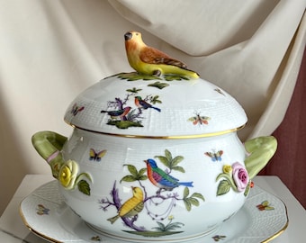 Beautiful Herend Rothschild Bird Soup Tureen 10.5x7x8" with Bird Top & Under plate or Platter 12" 24k Gold Accents