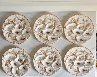 Set/6 Rare Antique French Haviland & Co. Limoges Porcelain Turkey Pattern Oyster Plate 8.75" with Sea Creatures
