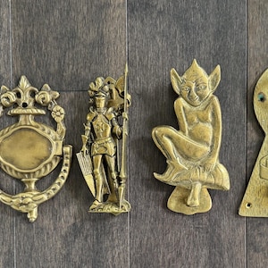 Pick of 4 Vintage brass/bronze door knocker: Pixie on mushroom 5.3”, Knight Key 6.7", Pair Architectural & Garden 4.1", Knight in Armor 6.1"