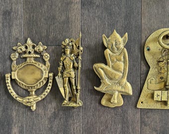 Choose Vintage brass/bronze door knocker: Pixie on mushroom 5.3”, Knight Key 6.7", Pair Architectural & Garden 4.1", Knight in Armor 6.1"