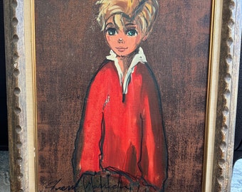 Óleo original sobre lienzo de un niño de ojos grandes en rojo, pintura de 29 x 23 pulgadas de Pierre Durrieu