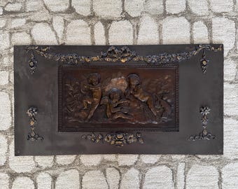 Large long Vintage Cherub Playing Music Wall Plaque 30"x16"