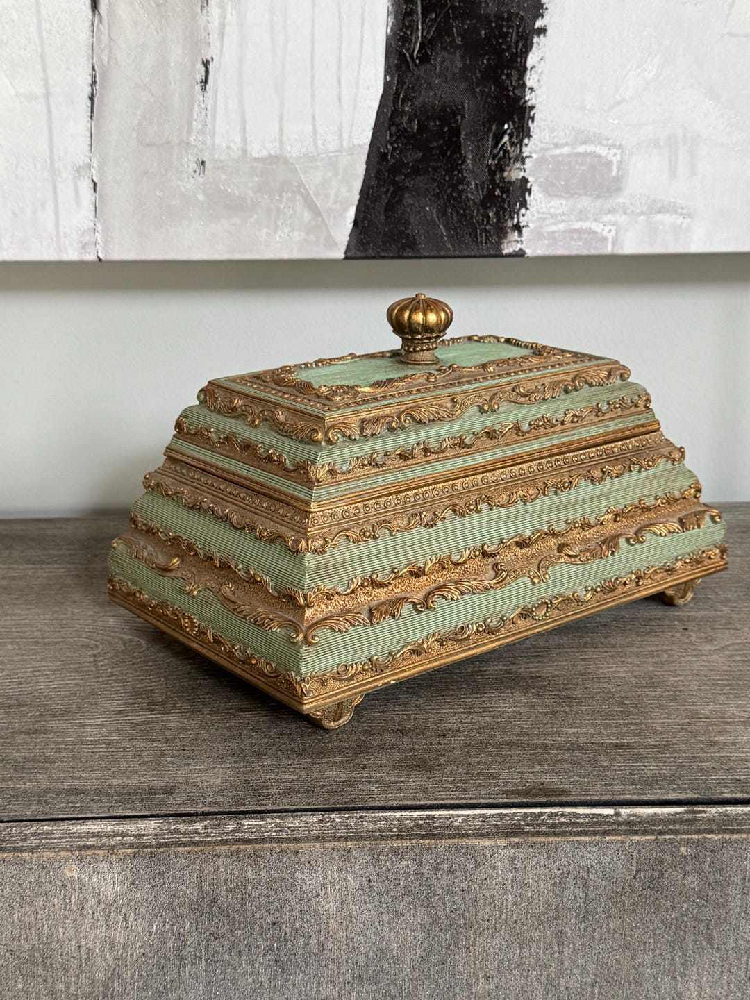 One of a Kind Green and Gold Ornate Cake or Pyramid Shaped Storage or ...