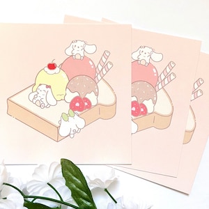 Bunny Ice Cream Toast Mini Art Print | Cute Art Print | Mini Postcard Print | Kawaii Print