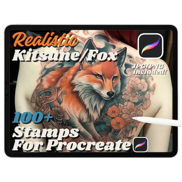 100+ Japanese Kitsune Fox Procreate Stamps, Kitsune Tattoo Style Procreate Brushes, Tattoo Stencil, Japan Tattoo Stamp, Instant Download