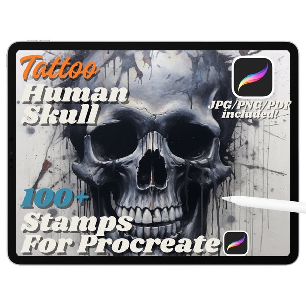 100+ Human Skull Procreate Stamps, Skull Tattoo Brushes for Procreate, Skull Tattoo Reference, Instant Digital Download, PNG JPG PDF