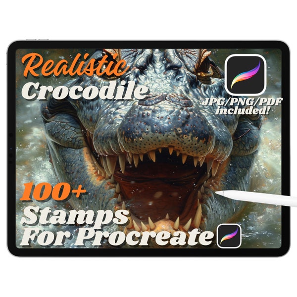 100+ Realistic Crocodile Procreate Stamp Brushes, Alligator Tattoo Stamps, Reptile Tattoo Reference, Animal Procreate, Instant Download, PNG