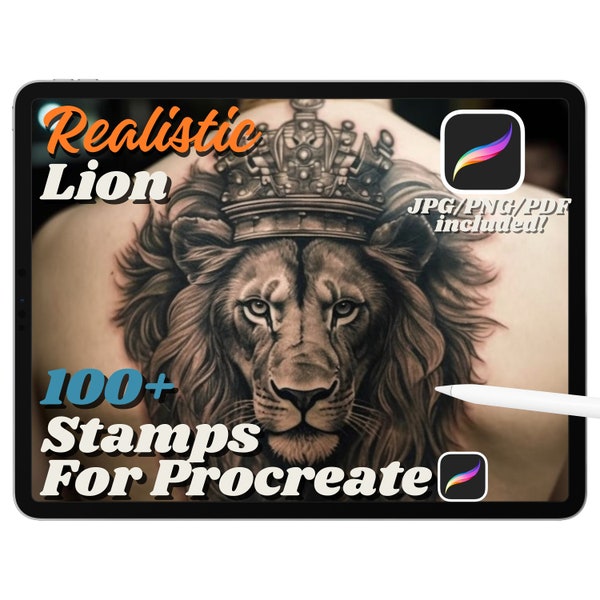 100+ realistische Löwe Procreate Stempelbürsten, Löwe Portrait Tattoo Stempel, Löwe Tattoo Referenz, Tier Procreate, Sofort Download, PNG JPG