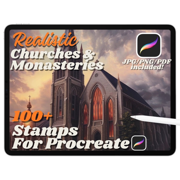 100+ Churches and Monasteries Stamps for Procreate, Church Brushes, Religious Tattoo Stamp Brush, Church Stamps, PNG, PDF JPG Realism Tattoo