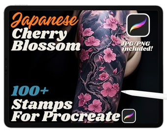 100+ Japanese Cherry Blossom Procreate Stamp Brushes, Cherry Flower, Sakura Flower Tattoo Stencil, Floral Tattoo Stamp, Instant Download