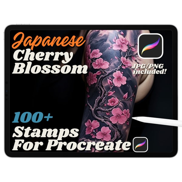 100+ Japanese Cherry Blossom Procreate Stamp Brushes, Cherry Flower, Sakura Flower Tattoo Stencil, Floral Tattoo Stamp, Instant Download