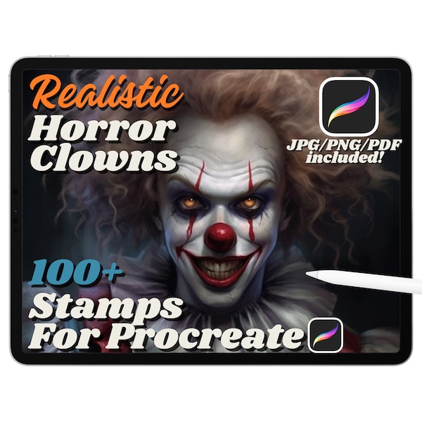 100+ Realistic Horror Clowns Procreate Stamp Brushes, Creepy Clown Stamps, Halloween Clowns, Tattoo Reference, Instant Digital Download