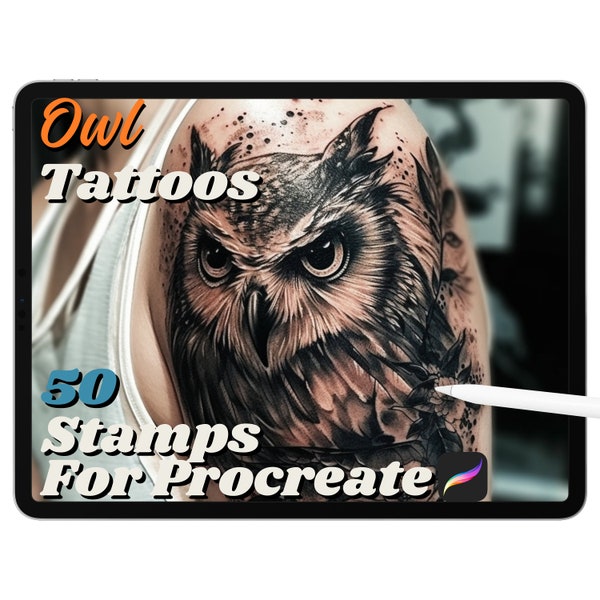 50 Owl Designs Stamps for Procreate | Owl Tattoo Design | Tattoo Stamp Owl Tattoo | Custom Tattoo Design | Realistic Owl Brush for Procreate