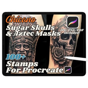 100+ Sugar Skulls Procreate Stamps, Aztec Mask Brushes for Procreate, Chicano Tattoo Reference, Instant Digital Download, PNG JPG PDF