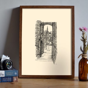 Advocates Close, Edimburgo, disegno a penna e inchiostro, stampa A3 senza cornice, idea regalo artistica, decorazione murale, decorazione da parete