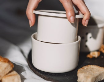 White French Butter Crock with Lid, Porcelain Butter Dish with Lid