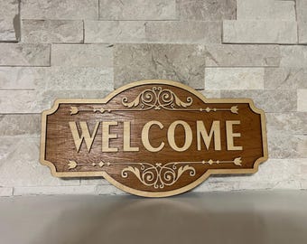 Multilayer laser cut wood wall sign WELCOME