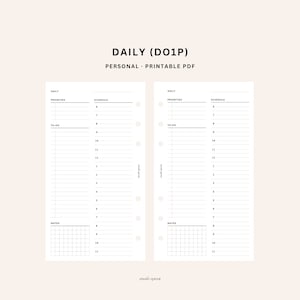 May include: A printable PDF daily planner with a minimalist design. The planner includes sections for priorities, to-do lists, and schedules, with space for notes. The text "DAILY (DO1P)" and "PERSONAL • PRINTABLE PDF" are at the top.