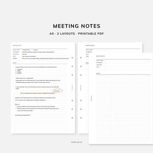 May include: A5 meeting notes printable PDF with two layout options. The pages are white with black text, featuring sections for date, attendees, location, topic, and notes. One page has lined sections, and the other has a grid.