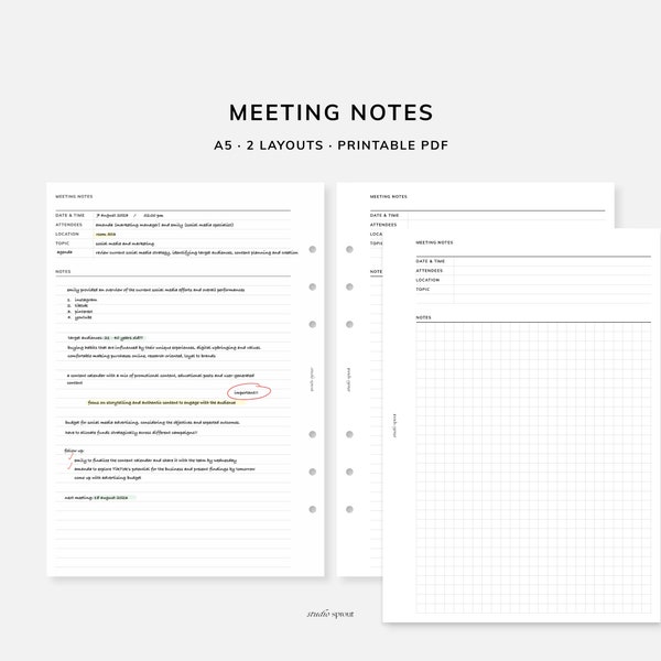 Meeting Notes  | A5 Printable Inserts | Work Meeting Agenda | Office Notes | Productivity Planner