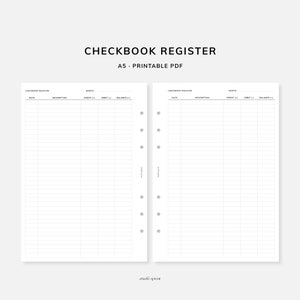 Op de afbeelding: Een printbare chequeboekregister sjabloon in A5 formaat. De sjabloon heeft twee pagina's met kolommen voor datum, beschrijving, credit, debet en saldo.