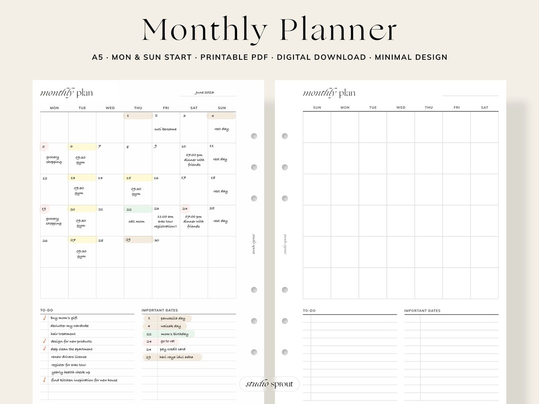 Monthly Planner Monday Sunday Start A5 Printable Inserts - Etsy