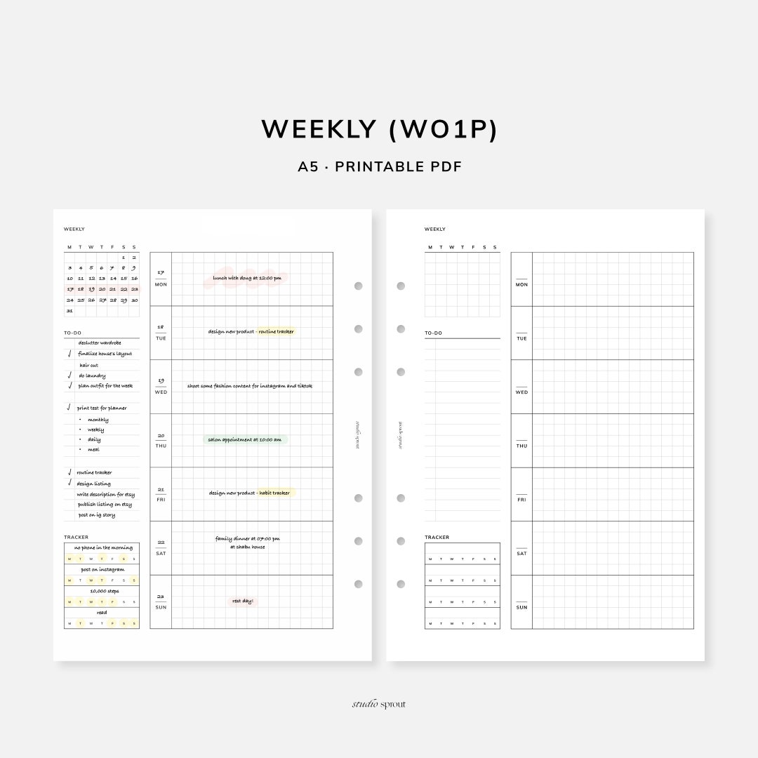 Weekly Planner | A5 Printable Inserts | WO1P Week on One Page | Week at ...