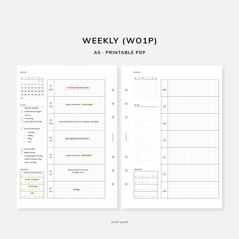 Weekly Planner | A5 Printable Inserts | WO1P Week on One Page | Week at ...