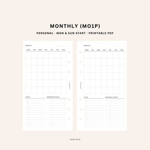 Monthly Planner | Personal Printable Inserts | MO1P Month on One Page | Month at a Glance | Monthly Overview