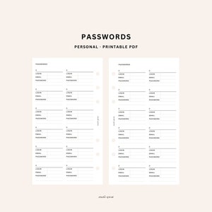 May include: Printable password log sheet with a black and white design. The sheet has two columns with spaces for login, email, and password for each entry. The sheet is labeled "Passwords" and "Personal - Printable PDF".