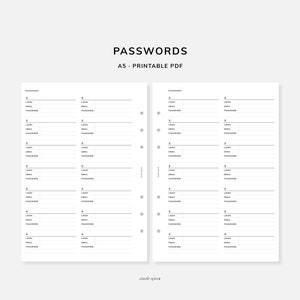 Rastreador de contraseñas / Inserciones imprimibles A5 / Inserción de plantilla de contraseña, Administrador de contraseñas