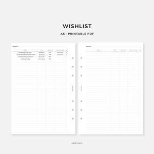 May include: A printable A5 wishlist planner with a black and white design. The planner has columns for items, price, need/want, purchase date, and a checkmark column. The planner is designed for use with a disc-bound system.
