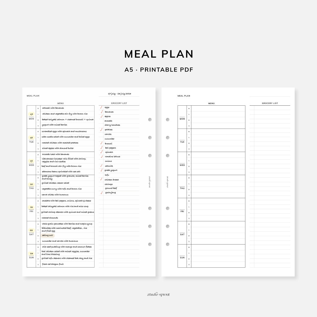 Meal Planner With Grocery List | A5 Printable Inserts | Food Journal ...