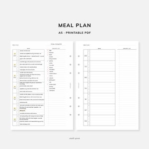 Peut inclure: Un planificateur de repas imprimable au format A5 avec une liste d'épicerie sur le côté gauche et un plan de repas sur le côté droit. Le plan de repas est divisé en jours de la semaine, avec de l'espace pour le petit-déjeuner, le déjeuner et le dîner. La liste d'épicerie est divisée en catégories, avec de l'espace pour les articles à acheter.