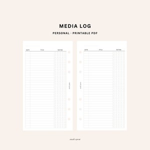 Puede incluir: Registro de medios imprimible con dos páginas, cada una con columnas para la fecha, el título y la calificación. La columna de calificación tiene una cuadrícula de estrellas para marcar.