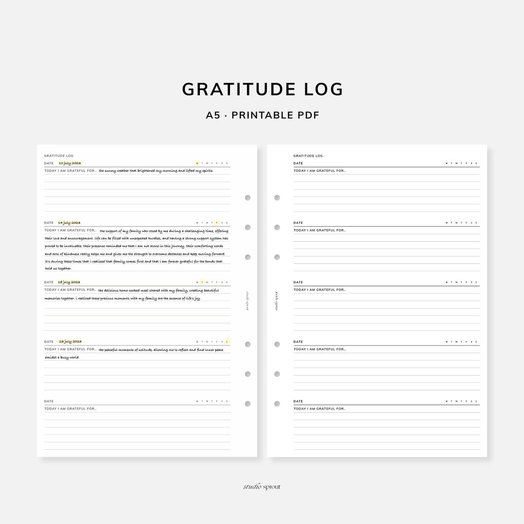 Gratitude Log | A5 Printable Inserts | Gratitude Journal | Mindfulness ...