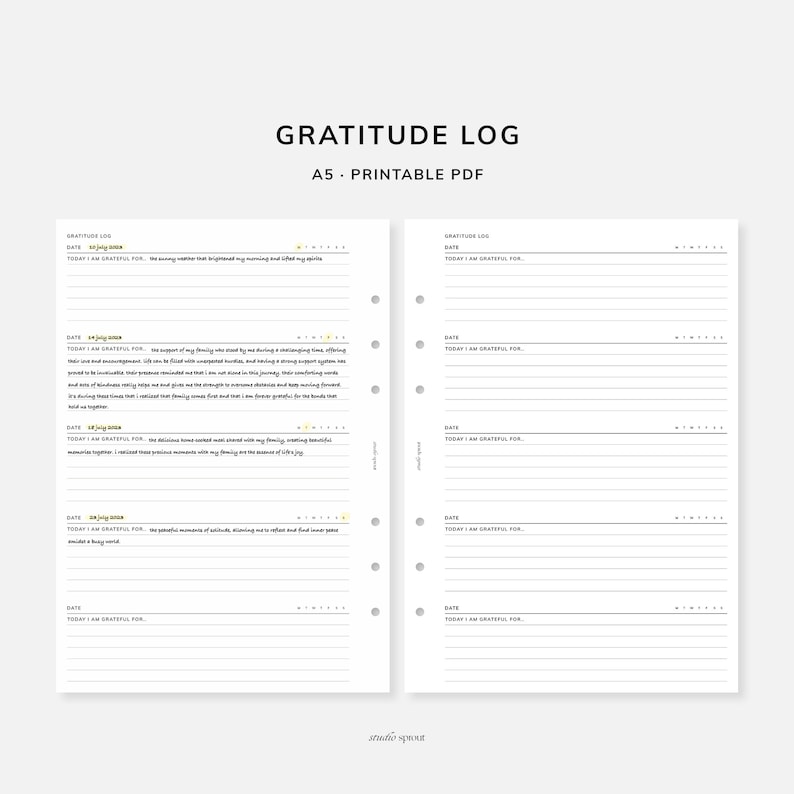 Gratitude Log | A5 Printable Inserts | Gratitude Journal | Mindfulness ...