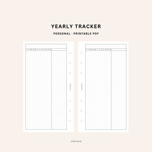 May include: Printable yearly tracker planner with two pages, each with a grid layout and a column for each month of the year. The text "YEARLY TRACKER" is at the top of the page, and the text "PERSONAL - PRINTABLE PDF" is below it.