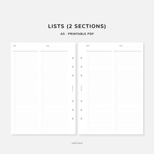 May include: Printable A5 planner page with two sections for lists. Each section has a title line and lined space for writing. The page has a hole punch for a binder.