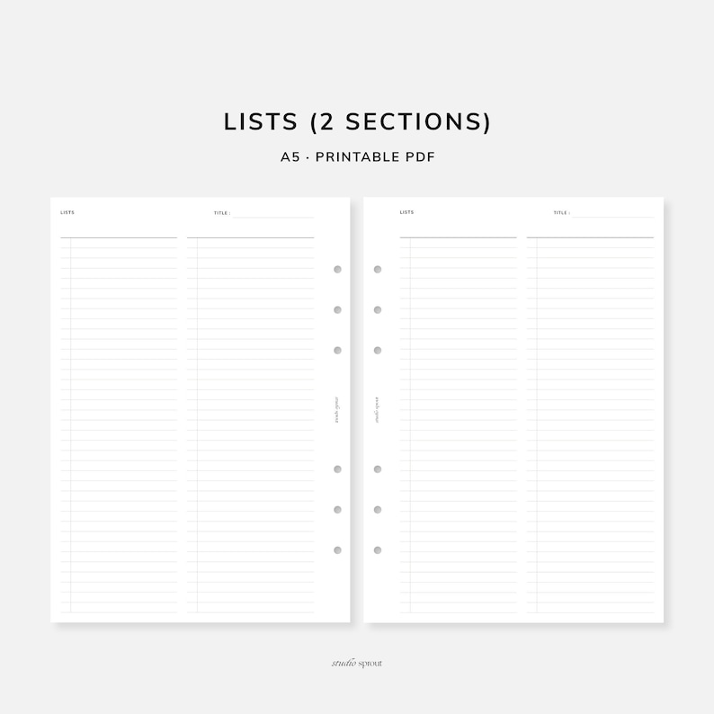 Lists 2 Section | A5 Printable Inserts | To-do List, Work / Task List ...