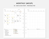 Monthly Planner | Monday Sunday Start | A5 Printable Inserts | MO1P Month on One Page | Month at a Glance | Monthly Overview