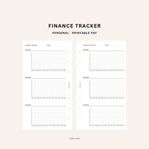 Può includere: Un tracker finanziario stampabile in PDF con sezioni per entrate, spese e risparmi. Il tracker ha un layout a griglia con i mesi dell'anno elencati in alto e spazio per registrare gli importi a lato. Il testo "FINANCE TRACKER" è in cima alla pagina.
