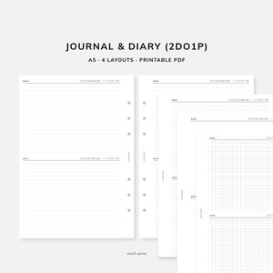 Op de afbeelding: Een printbaar PDF-journaal en dagboek met vier verschillende lay-outs. De lay-outs omvatten gestreept papier, ruitjespapier en blanco pagina's. Het journaal is A5-formaat.