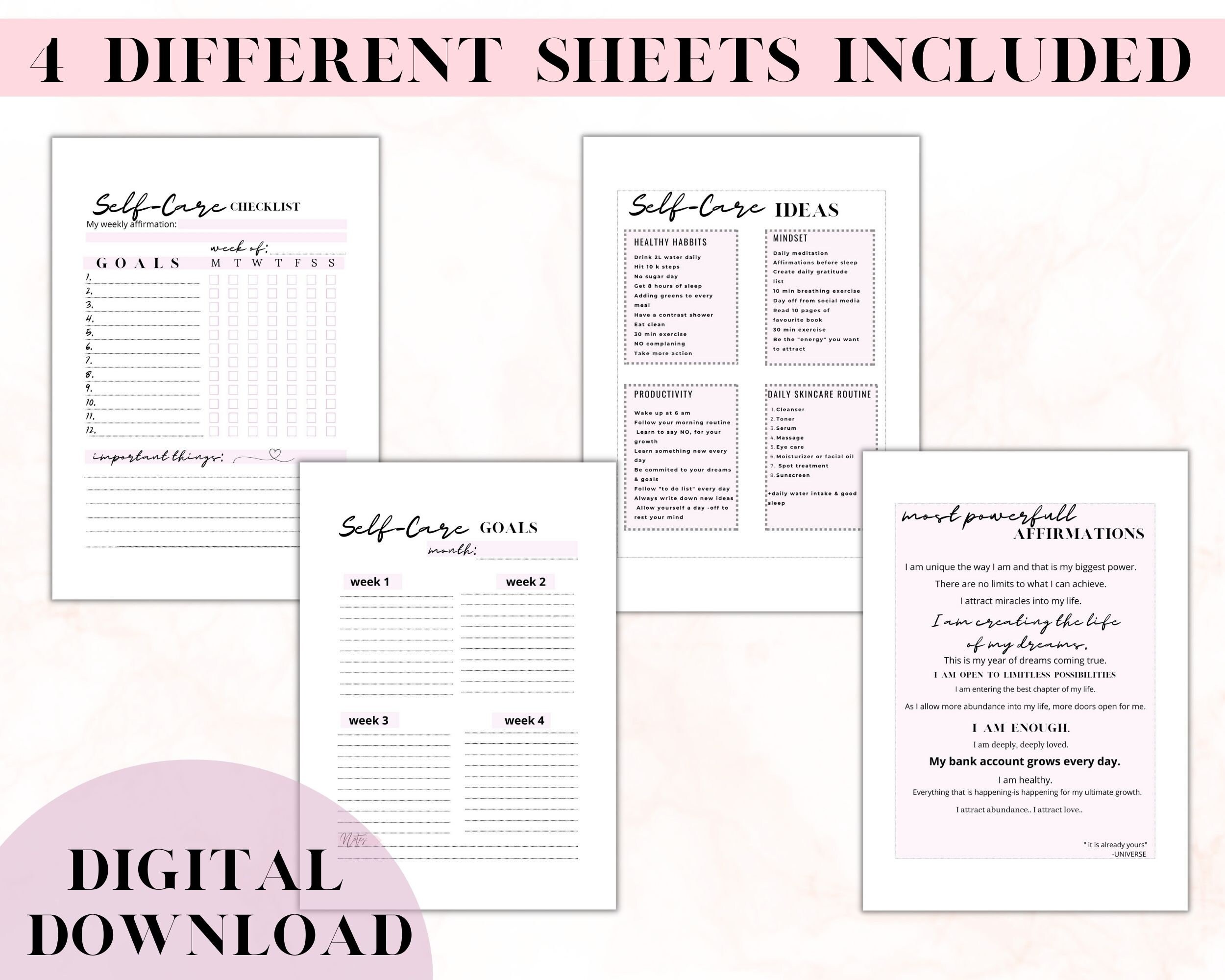 Affirmation Checklist Printable Self Care Planner: Checklist, Goals, Affirmations (digital ...