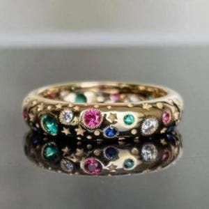 14K Solid Yellow Gold Multi Color Diamond Band, Round Cut Diamond Engagement Band, Full Eternity Band, Flush Setting Stackable Wedding Band